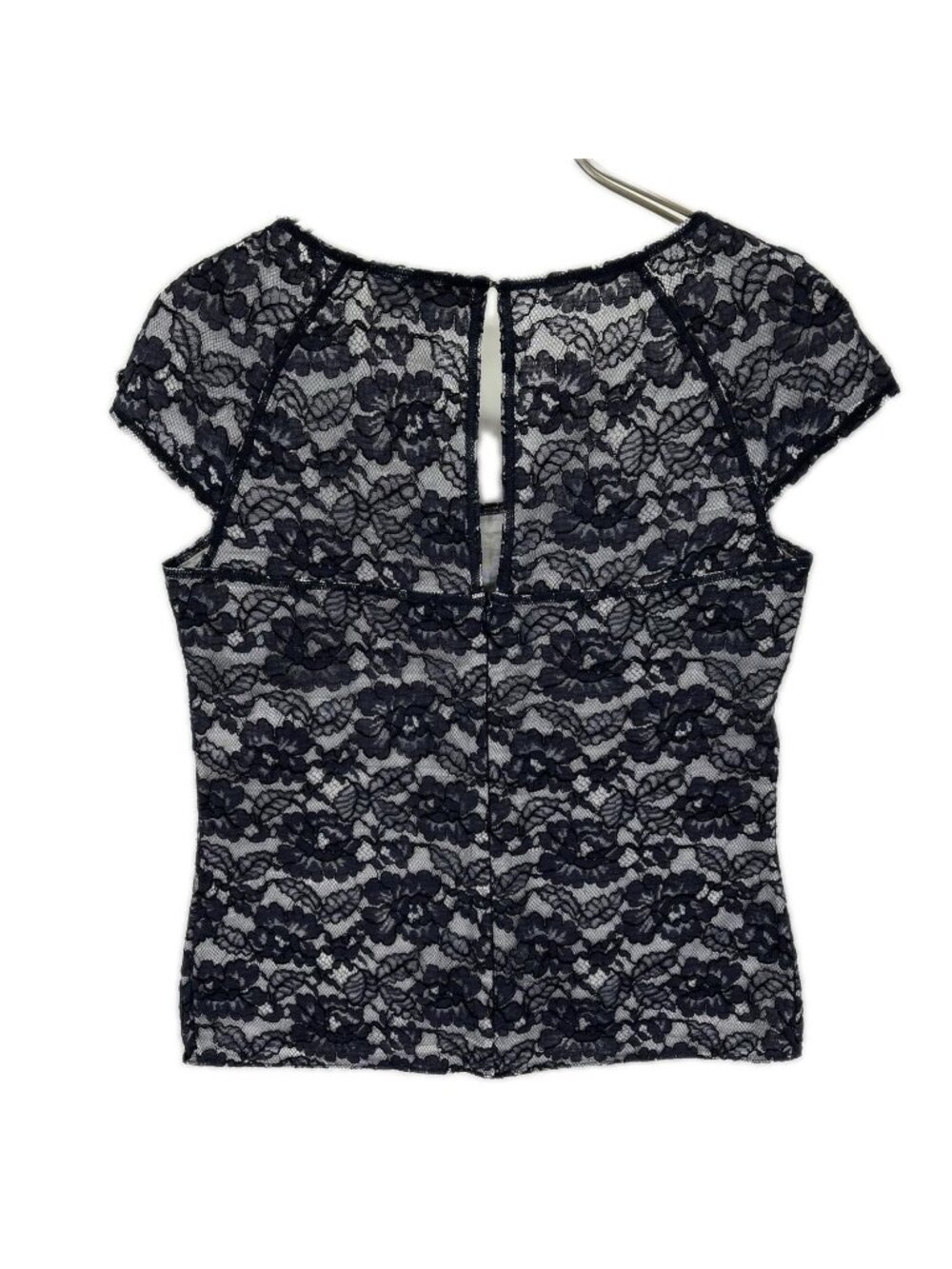 Chanel Navy Cotton Blend Camellia Lace Short Sleeve Blouse 36
